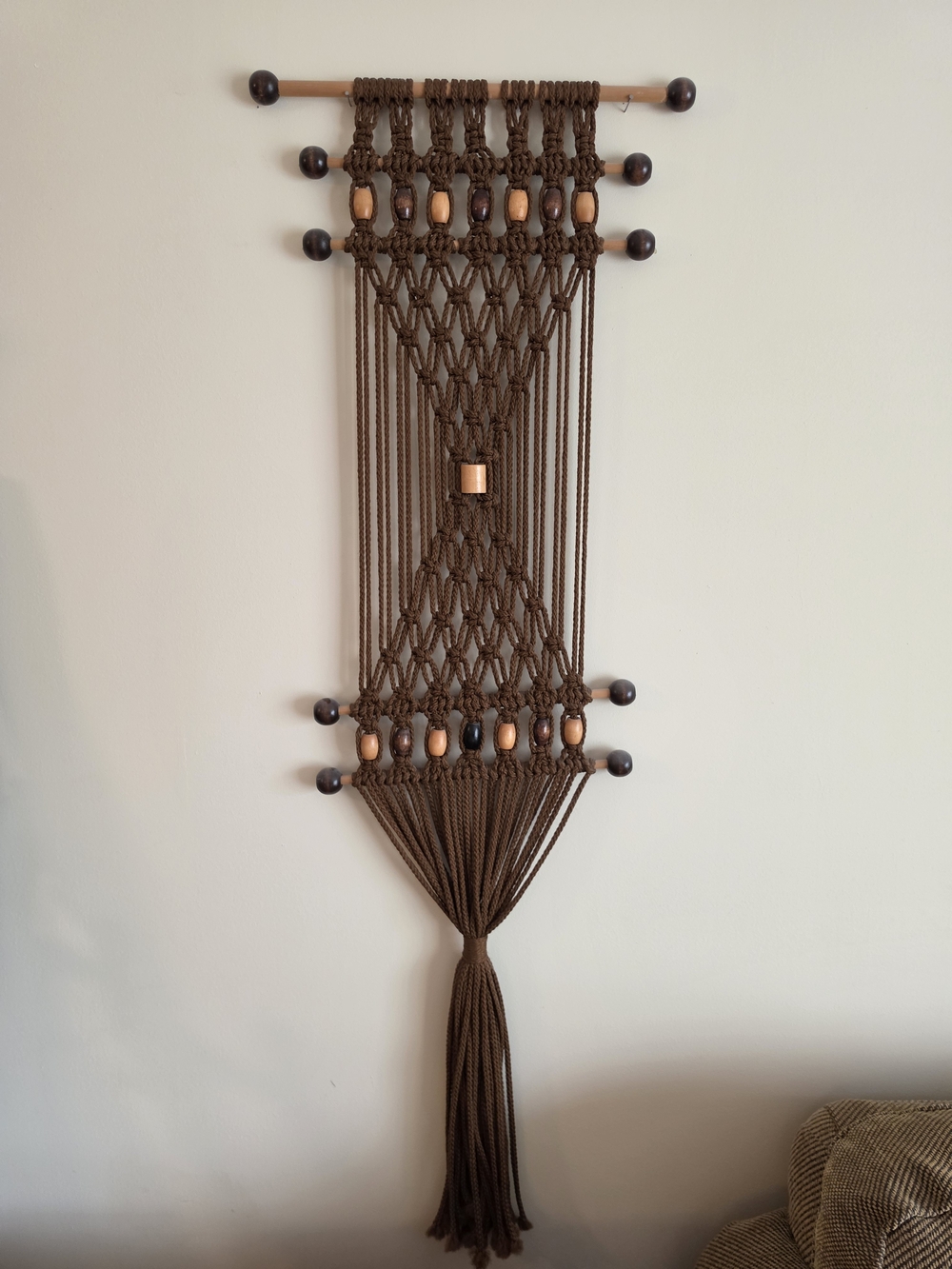 Handcrafted Brown Macramé Wall Hanging with Wooden Beads